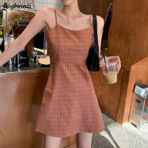 Sleeveless Dress Women Plaid Backless Slim Skinny Sweet Ladies Youth Sexy Holiday Streetwear Retro A-line Elegant All-match Ins