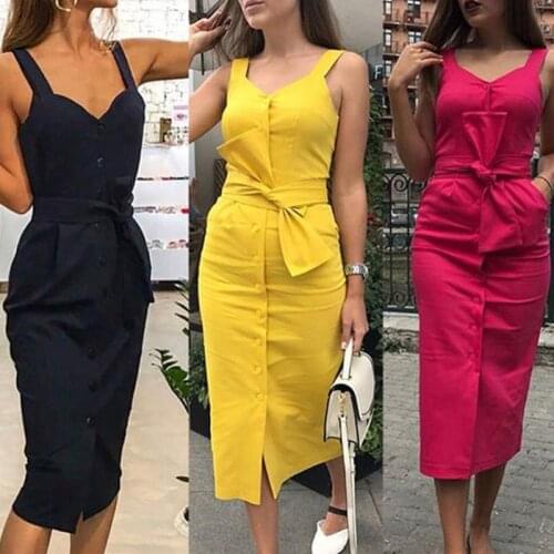 Women Dress Solid Sleeveless Vestidos V Neck Button Dress Holiday Beach Dress Party Night With Belt Dresses Vestidos Verano 2021