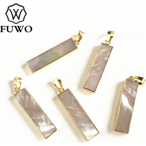 FUWO Natural Mother of Pearl White Shell Pendants With Gold Trimmed Simple Rectangle Pendant for Jewelry Making PD596