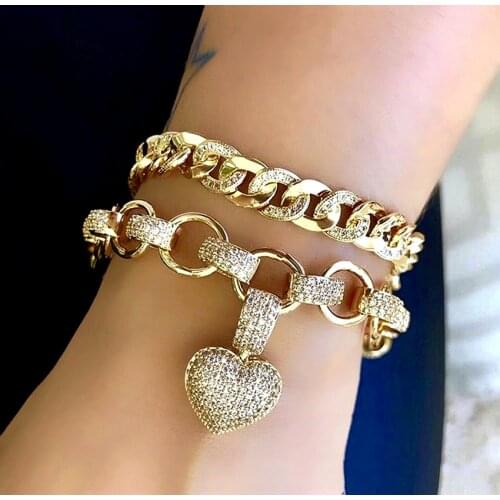 Luxury Heart shape Bracelet Full High Quality Cubic Zirconia Gold Color Charms chain Bracelets Bangles For Women Fashion Jewelry