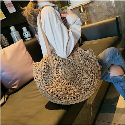 Hand-woven Round Womans Shoulder Bag Handbag Bohemian Summer Straw Beach Bag Travel Shopping Female Tote Wicker Bags