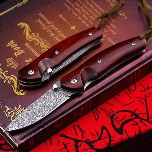 PEGASI Red sandalwood Damascus steel folding knife sharp pocket folding knife the Damascus knife outdoor folding tactical knife