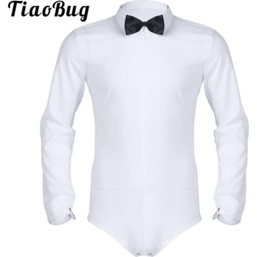 TiaoBug Men White Sexy Latin Modern Dance Shirt Leotard Rumba Cha Cha One-piece Romper Shirt Male Bowtie Social Tuxedo Shirts