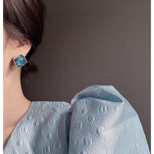 TIMEONLY Korean Retro Green Blue Color Square Earrings for Women Minimalist Gold Color Metal Geometric Stud Earrings Oorbellen
