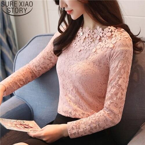 Women Blouse with Lace Blouse New Spring O-collar Long Sleeve Hollow Out Bottoming Shirts Women Top Slim Fit Blusa 1105 40