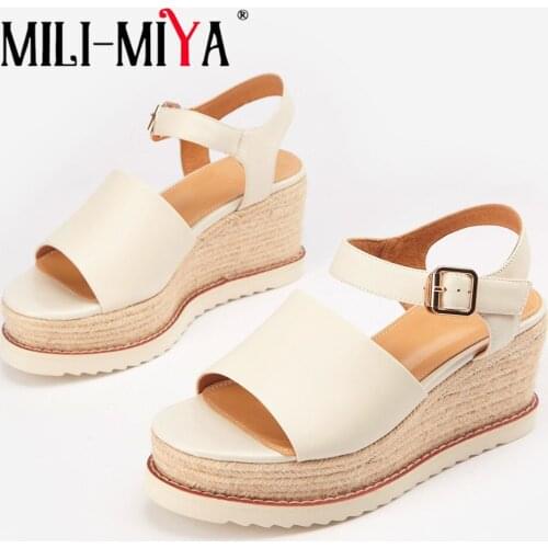 MILI-MIYA Summer Buckle Women Sandals Soft Sheepskin Open Toe Fashion High Heel Wedges Platform Soild Color Shoes Drop Shipping