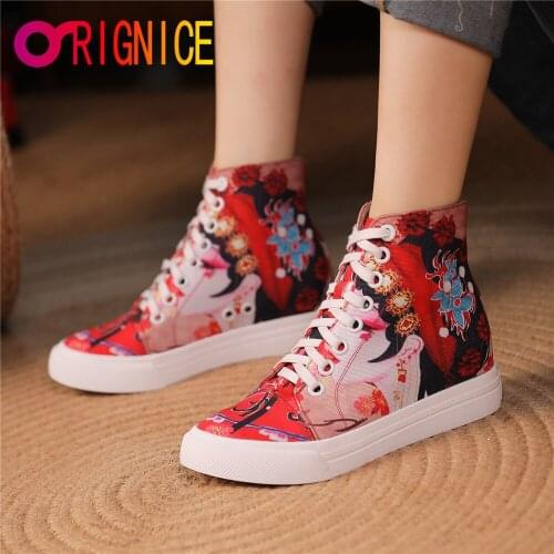 Orignice 2021 Women Lace Up Print Ankle Boots Fashion Round Toe Ladies Sexy Designer Flat Thick Bottom Casual Canvas Shoes Red