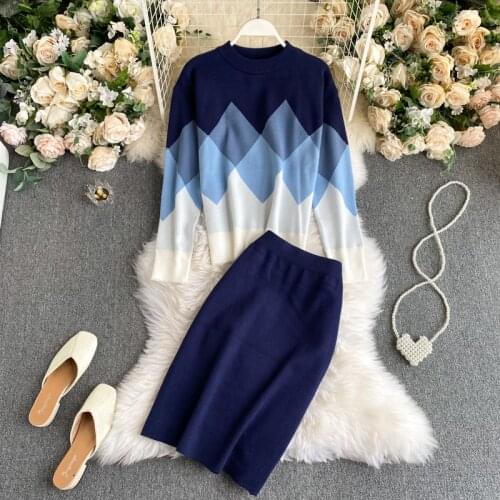 Womens Knitted Sets 2021 New Spring O-neck Geometric Palid Loose Pullover Sweater Tops And Long Pencil Skirt Two Piece Set