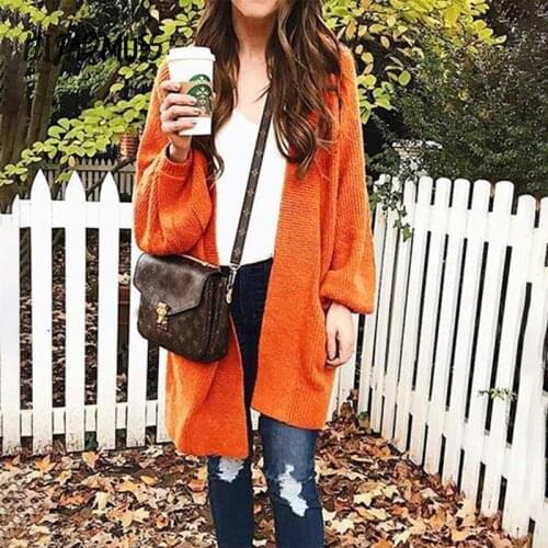 Autumn And Winter New Ladies Knitted Street Sweater Cardigan Casual Loose Lantern Sleeve Mid-length Coat Sweater Women