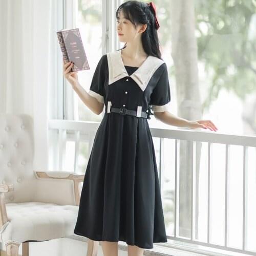 French Retro Vestido Preppy Summer Women Korea Double Layer Doll Collar Sweet Cute Elegant Midi Dress With Belt
