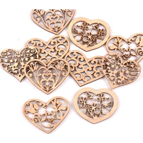 10Pcs Mixed Carved Heart Shaped Vintage Wood Slices Decoration DIY Crafts Home Scrapbooking Unfinished Wooden Ornaments M1842