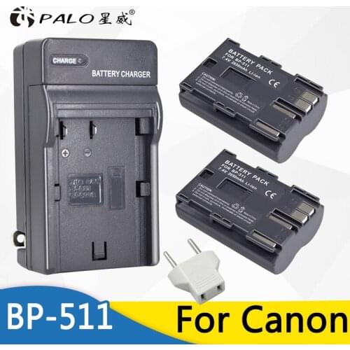 Palo 2Pcs 2000Mah BP-511 BP511A Li-ion Digital Camera Battery + LED Charger For Canon EOS 40D 300D 5D 20D 30D 50D 10D D60 G6