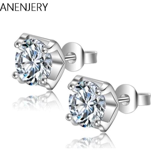 ANENJERY 925 Sterling Silver Square Sparkling Cubic Zircon Stud Earrings brincos For Women S-E108