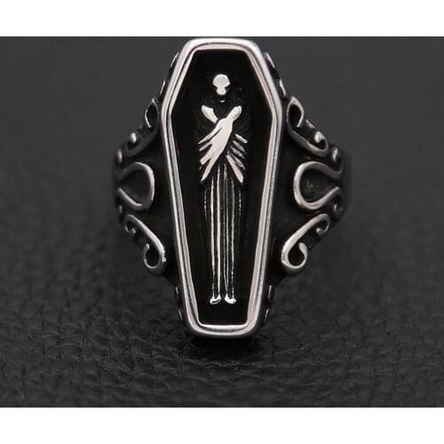 Black Coffin Punk Gothic Ring 316L Stainless Steel Mens Motorcycles Biker Zombie Vampire Skull Ring Male Black Gothic Jewelry