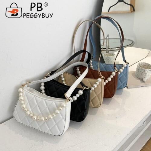 Fashion Women PU Shoulder Underarm Bag Lattice Pattern Single Shoulder Bag Ladies Pearl Chain Solid Color Small Handbag