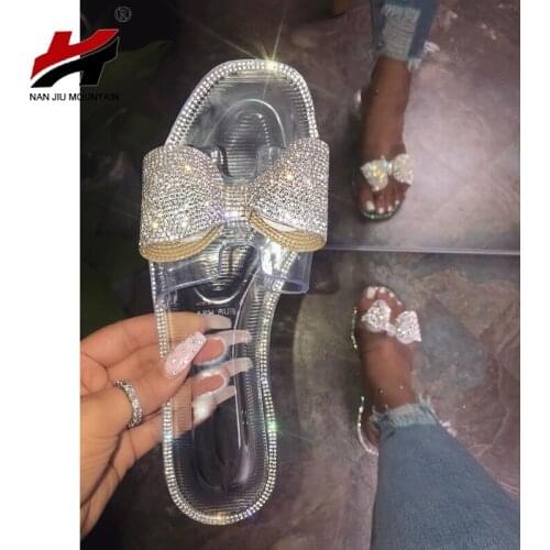 NAN JIU MOUNTAIN 2020 Summer Flat Slippers Women Sandals Rhinestone Bow Square Head Slippers High Quality Womens Shoes