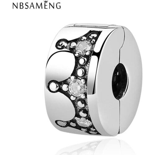 NBSAMENG 100% 925 Sterling Silver Bead Dazzling Crown Clip Stopper Clear CZ Charms Fit Original Bracelet Jewelry