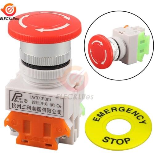 AC 660V 10A Switch Red Mushroom Cap 1NO 1NC DPST Emergency Stop Push Button Switch Equipment Lift Elevator Latching Self Lock