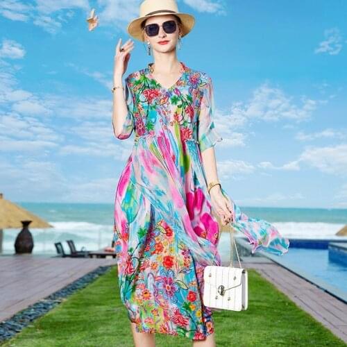Casual 4XL Plus Size Floral Chiffon Midi Dress 2021 Summer Vintage Loose Print Beach Dress Women Elegant Bodycon Party Vestidos