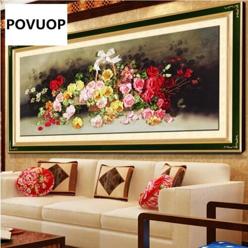 POVUOP ribbon embroidery 125X60cm fashion rose paintings for European style living room restaurant