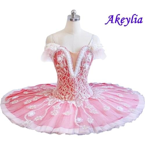 Professional ballet tutu watermelon red girls peformance tutu beige flower fairy doll classical pancake stage costume champagne