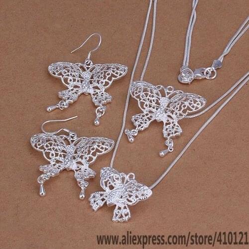 S226 Hot Sale Silver Color Fine Jewelry Sets For Women Fashion Jewelry Charms Fashion Hollow Double-Butterfly Earring Necklace