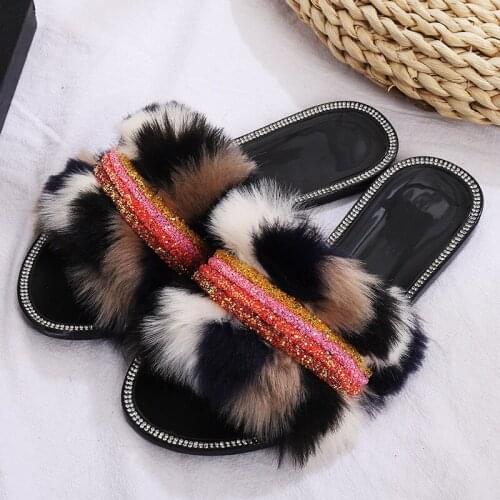 Women Fur Sequin Flip Flops Women Plush Slippers Female Furry Slides For Women Fashion Sexy Crystal Shoes Ladies Designer Sandal