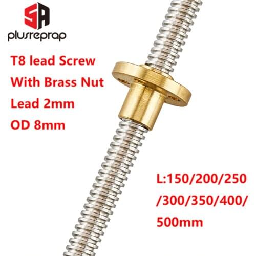 T8 Lead Screw OD 8mm Pitch 2mm Lead 2mm 150mm 200mm 250mm 300mm 350mm 400mm 500mm with Brass Nut for Reprap 3D Printer Z Axis
