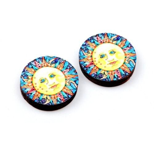 Unique 3D Flower Embossed 16mm Round Coloured Drawing pattern Laser Cut wood Cabochon DIY for Rings, Earring,Brooch,Necklace