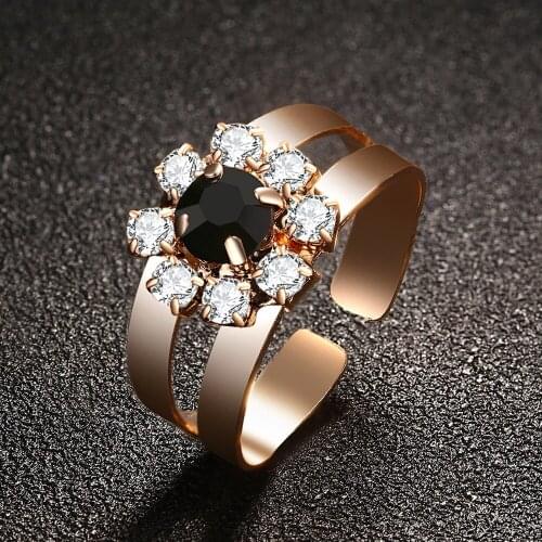 European Fashion Black Crystal Flower Ring Rose Gold Opening Adjustable Ring Bride Engagement Party Wedding Ring Jewelry