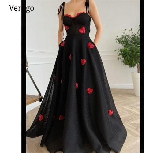 Verngo 2021 New Modern Black Dotted Tulle Prom Dresses Red Lace Heart Neck Ties Straps A Line Long Evening Gown With Pockets