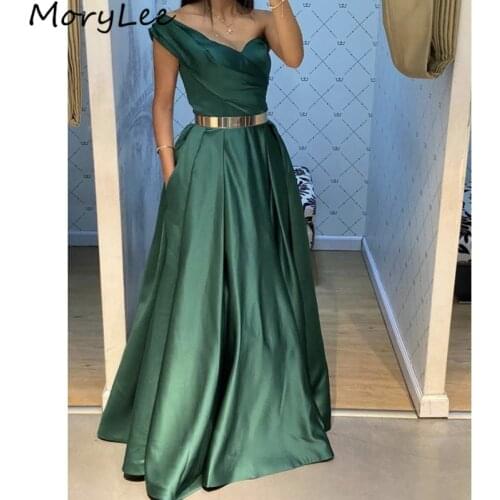 Prom Dresses One Shouder Sleeveless A-Line Sweep Train High Quality Satin Pleated Prom Dresses vestidos de fiesta de noche