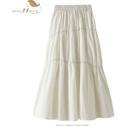SISHION Women Summer Pleated Long Skirt VD1444 High Waist Black White Skirt Ladies Midi Skirts jupe longue