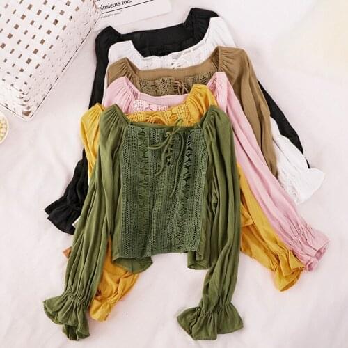 2021 Autumn Women Square Collar Flare Sleeve Basic Ruffle Shirt Sexy Lady Short Elastic Slim Bandage Strap Lace Chic Blouse Tops