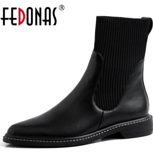 FEDONAS Female Punk Chelsea Boots Night Club Shoes Woman Genuine Leather Knitting Women Ankle Boots Autumn Winter Short Boots