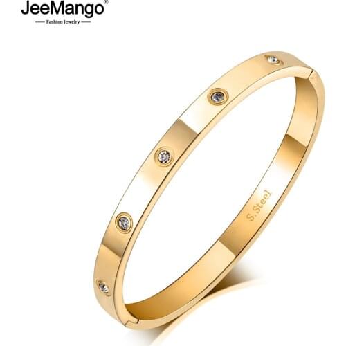 JeeMango Luxury CZ Crystal 6mm Cuff Bangles For Women Trendy Cubic Zirconia Love Titanium Stainless Steel Bracelet JB19062