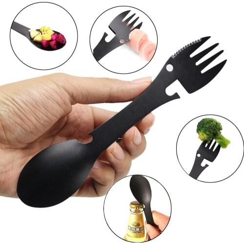 Camping Picnic Stainless Steel Spoon Fork Knife with Bottle Opener Kitchen 5 in 1 Outdoor Survival Tools Bottle/Can Opener