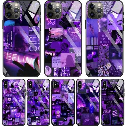 Phone Case For iphone 12 11 pro max 12 mini xs xR X 8 7 6 6S Plus SE Tempered Glass Caso Smartphone Purple Love Aesthetic Art