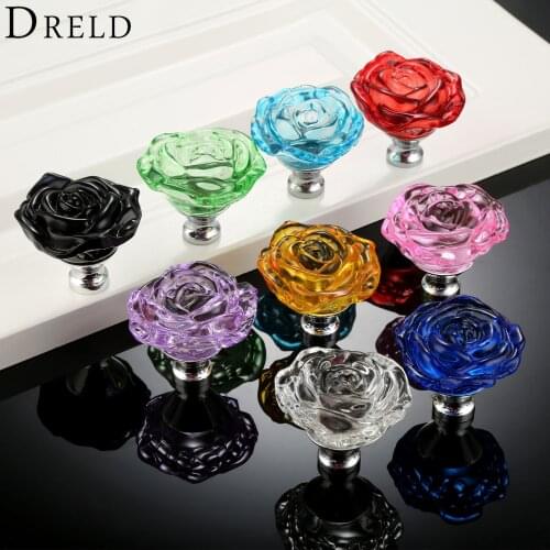DRELD 1pc 50mm Crystal Rose Glass Clear Knob Furniture Kitchen Drawer Cabinets Handles Dresser Closet Pulls Furniture Hardware
