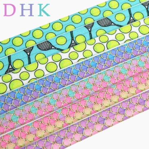 DHK 5/8'' 5yards tennis mermaid fish scale printed Fold Elastic FOE stretch ribbon hairbow headwear headband Wholesale E1591