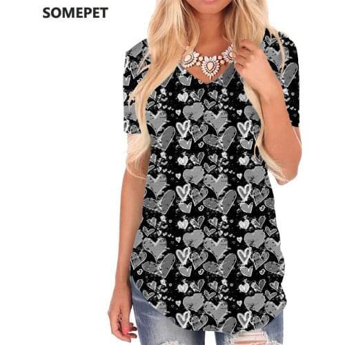 SOMEPET Love T-shirt women Black And White T-shirts 3d Pattern V-neck Tshirt Psychedelic Tshirts Printed Womens Clothing Fashion
