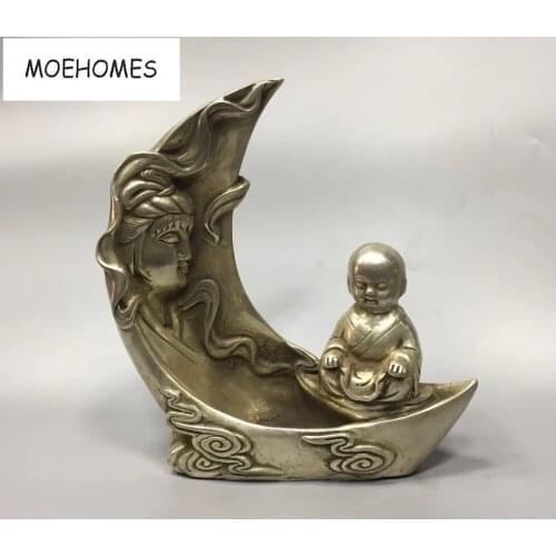 MOEHOMES Chinese Old tibet Silver Bronze Boy, Guanyin, crescent shaped Statue home decoration metal crafts