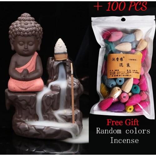 Incense Burner The Little Monk Small Buddha Backflow Burner+100Pc Incense Cones Holder Waterfall Zen Censer Aroma Lamp Home
