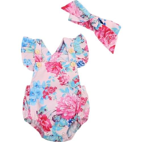 Newborn Baby Summer Clothing Floral Bodysuit Baby Girl Clothes Jumpsuit Headband Outfits Sunsuit 0-24M
