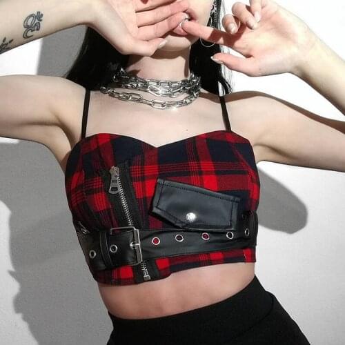 Front Black Leather Belt Buckle & Zipper Red Plaid V Neck Gothic Tank Top Steampunk Clothes Women Sexy Camisole Party Club Wear