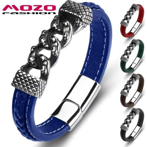Trendy Women Bracelet Genuine Leather Stainless Steel Charm Men High Quality Fashion Jewelry Bangles Blue