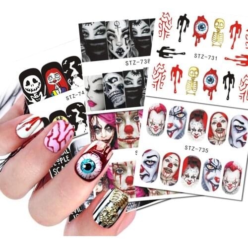 Halloween Nail Stickers Skull Bone Water Transfer Slider Decal Clown Black Nail Art Decoration Manicure Tattoo Tips STZ731-755