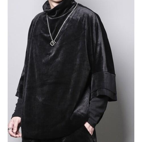 Autumn Dark Design Sense Velvet surface loose personality Cape seven-part Sleeve stand-up collar t-shirt mens