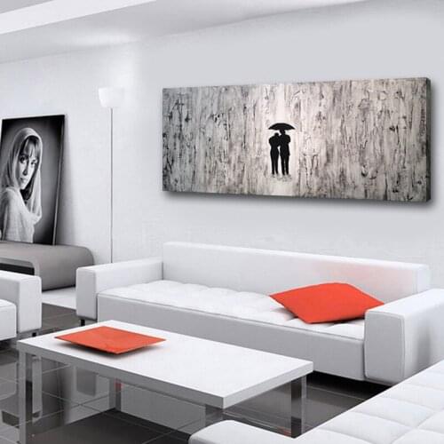 Hand Painted Black and White Abstract Paintings Modern Lovers with Umbrella Artwork Wall Pictures for Living Room Wall Decor Art