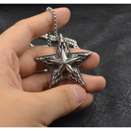 Silver color Punk Five Point Star Moon Pentagram Charm Stainless steel Pendant Circle Mens Gents Dress Chain Necklace Jewelry